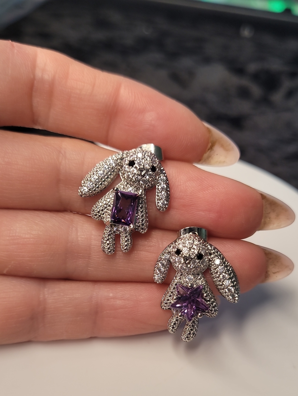 Silver Tone Bunny Pendant Earrings with Purple Gem Accents